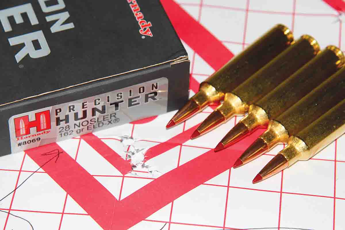 Hornady’s Precision Hunter factory ammunition loaded with 162-grain ELD-X bullets printed this .84-inch, 5-shot 100-yard group at 3,192 fps.